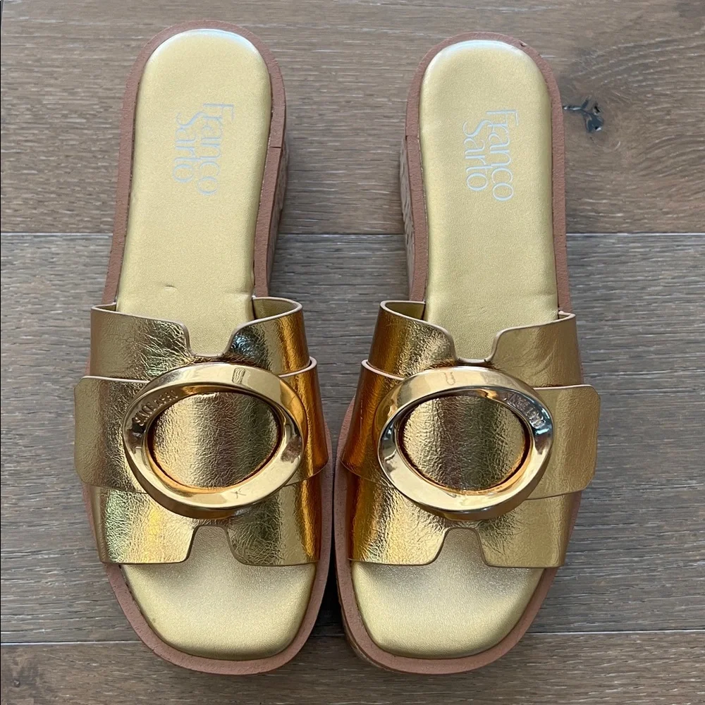 Franco Sarto Gold Metallic Platform Slide Sandals